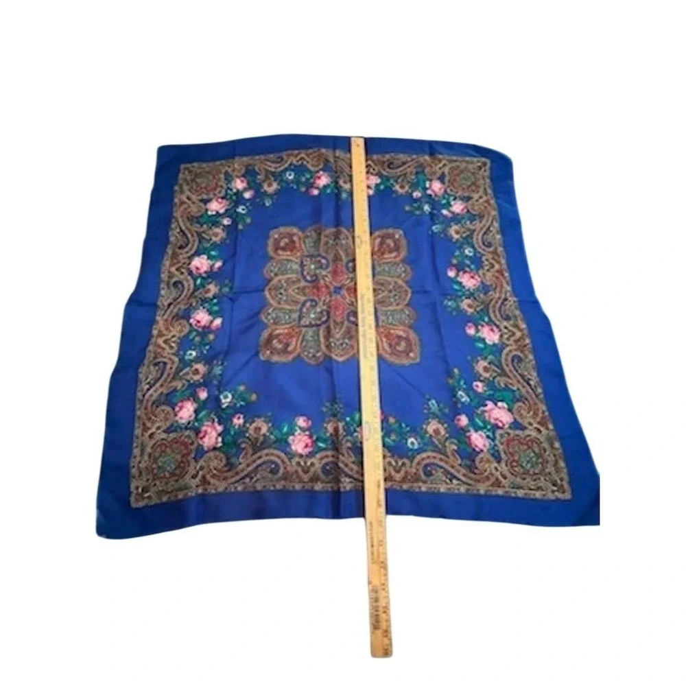 Womens Blue Floral Paisley Russian Folk Square Scarf Shawl feminine garden party